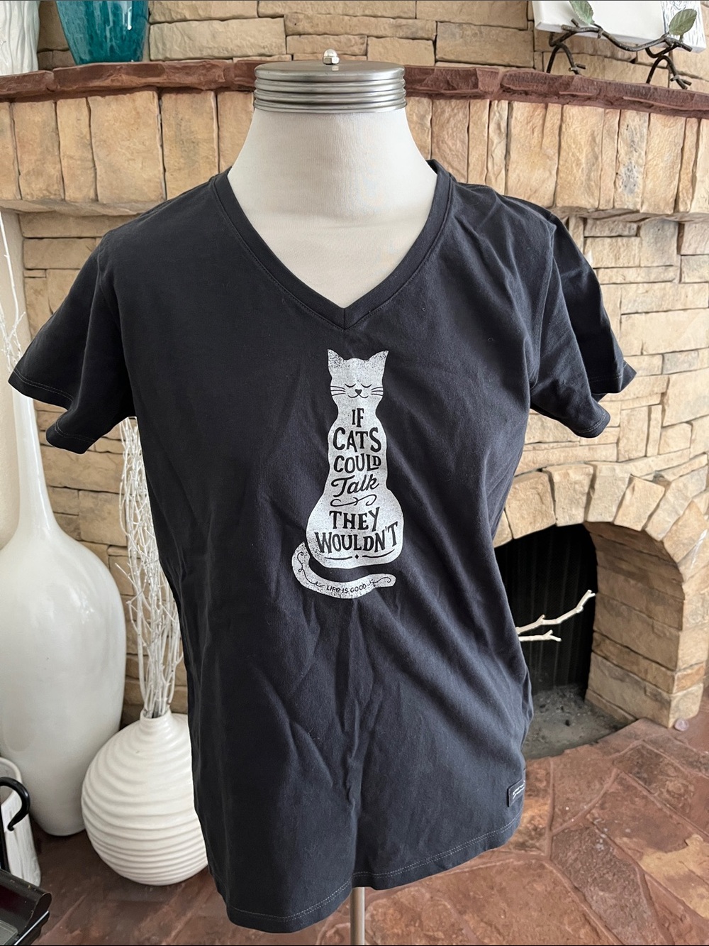 Life is Good Black Cat Graphic V-Neck Tee "If Cats Could Talk, they wouldn't" M